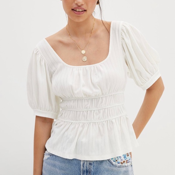 Maeve Tops - Maeve Cream White Puffy Short Sleeve Stretch Peplum Top Blouse XS Petite PXS